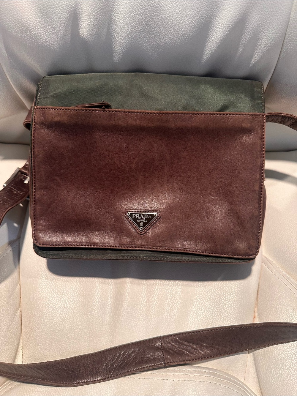 Prada Brown Leather & Green Nylon Messenger Bag